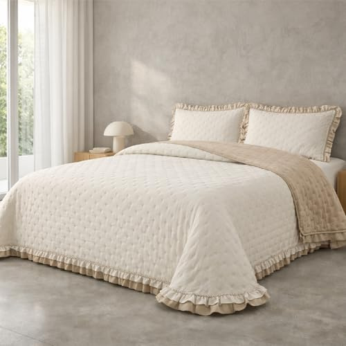 Victorio & Lucchino – Colcha Elvira Bicolor Lavada Termosellada con Doble Volante – Incluye Fundas de Cojín (Beige/Lino, Cama 90cm)