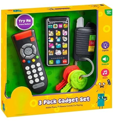 MEHRU 3 Piece Tech Gadget Toy Set | Pretend Mobile Phone, TV Remote & Car Key Toy with Lights & Sounds | Educational Role Play Toy for Toddlers 12+ Months