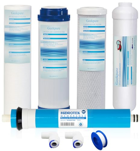 Geekpure 5 Stage Reverse Osmosis Replacement Filter Set with 75 GPD Membrane -2.5 x 10 Inch