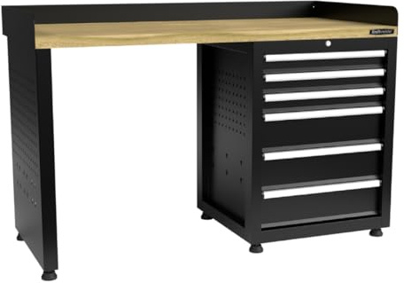 Kraftmeister werkbank 150 cm - mit 6 Schubladen und Eiche-Arbeitsplatte - Schwarz