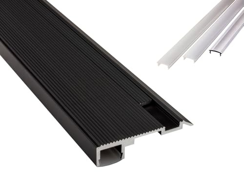 B-Ware T-STA LED Alu Treppenprofil Treppenwinkel Profil schwarz 1m opal | Für beleuchtete Treppen- und Stufenkanten mit geschütztem LED-Streifen und sauberer Lichtführung, Abdeckung opal