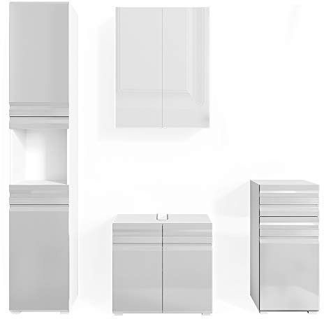 Vicco Badmöbel-Set Weiß Hochglanz Fredd, bestehend aus Badspiegelschrank, Waschbeckenunterschrank, Midischrank, Hochschrank - Zeitloses Design passend zu jedem Einrichtungsstil