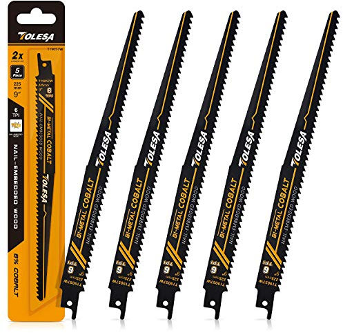 TOLESA Bi-Metall M42 Säbelsägeblätter Holz Demolition und Holz Mit Nägeln Abbruch 225mm 6TPI Sägeblatter Säbelsäge mit Cobalt Scharfe für Fenster Abbruch, Spanplatten, Verbundwerkstoffen, Kunststoffen