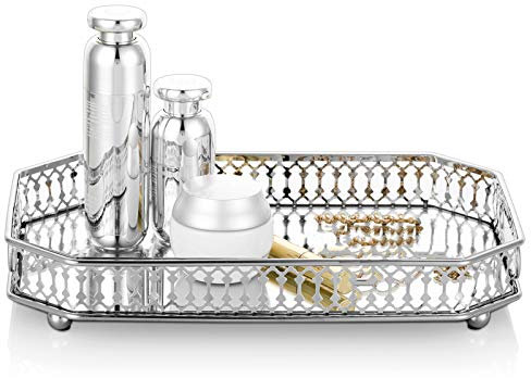 NUPTIO Silver Mirrored Vanity Makeup Tray, 29cm Length Trinket Display Decorative Mirror Cosmetic Perfume Organizer Tray for Dresser Living Room Dining Room Table Centerpiece Decor