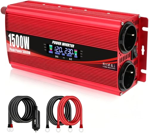 Inversor de Corriente 1500W/3000W DC 12V a AC 220V, Convertidor de Corriente con 2 EU Tomas y Pantalla LCD USB, per Auto, Camper, barche, da viaggio