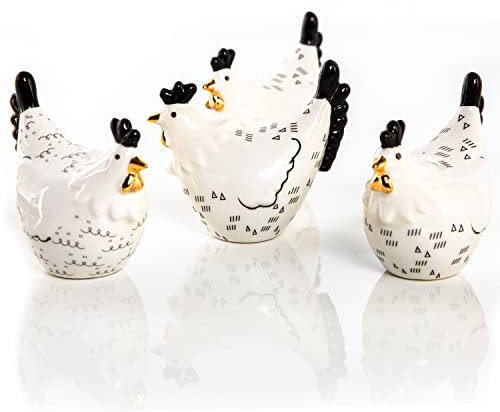 Logbuch-Verlag Set di 4 statuette di galline in ceramica, colore nero bianco dorato, 9 x 8 cm, decorazione pasquale da appoggiare