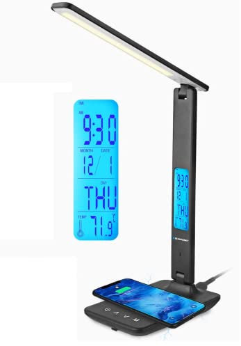 Blaupunkt Lampe Bureau LED avec Chargeur Sans Fil, Port Chargement USB, Lampe Table à Gradation avec 5 Modes Couleurs, Bras Réglable, Lecture, Affichage LCD, Noir Régulier