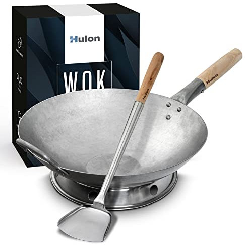 Hulon Wok Set – Innovatives inkl. Wok-Ring und Spatel – Wokpfanne aus handgehämmertem Karbonstahl – mit flachem Boden und Holzgriff – Pfannenset induktionsgeeignet – 35,6 cm Durchmesser