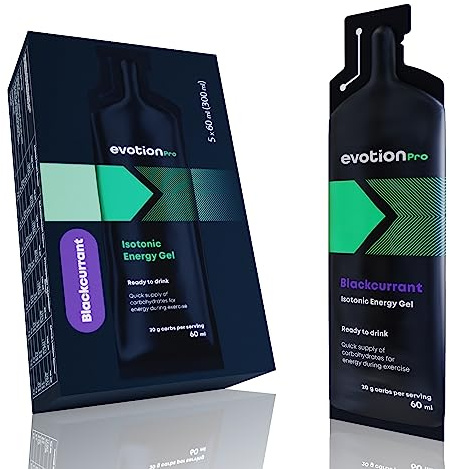 EVOTION PRO Isotonic Energy Gel (5 x 60ml) - 80 kcal 20g de carbohidratos - Geles Energéticos Ciclismo a base de maltodextrina, Ideal para Running, Ciclismo y Triatlón - Sabor Grosella negra