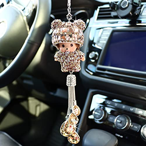 Kristall Diamant Rückspiegel Ornament mit Bling Strass Anhänger, Auto Spiegel Dekoration zum Aufhängen für Innen, Hängende Dekoration für Frauen & Männer, Gold