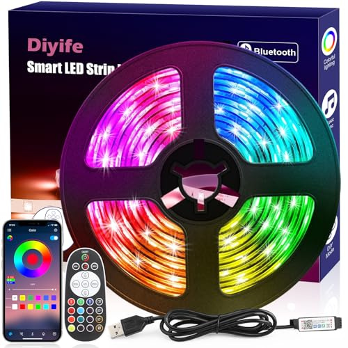 Diyife LED Strip 3m, 30 LEDs/Meter, 90LED, Fernbedienung & App-Steuerung | RGB LED Streifen, Bluetooth Led Lichterkette, Flexibel LED Band, Musik Sync, Timer-Modus, für Party, Zuhause,Schlafzimmer,TV