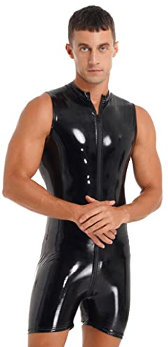 inlzdz Body Homme Combinaison Débardeur en Cuir Verni Sexy Moulante Bodysuit de Sport Gym Fitness Zippé Catsuit Maillot de Corps Lutte Singlet Suspensoir sans Manche M-4XL A Noir L