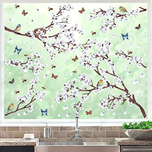ANHUIB Frühling Deko Fenster Aufkleber - Weißer Blumen & Vögel Fenstersticker, Schmetterlinge Wohnzimmer, Wandsticker für Kinderzimmer, Pflanze Wandtattoo