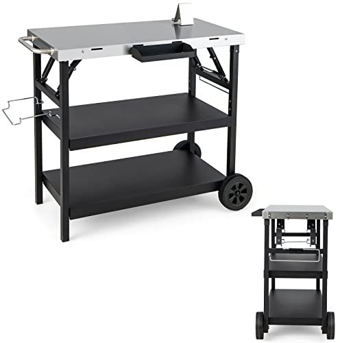 COSTWAY Folding BBQ Serving Trolley, 3 Tier Movable Pizza Oven Table with Adjustable Shelf, Spice Rack& Phone Holder, Stainless Steel Food Prepare Dining Cart for Outdoor Grilling and Cooking
