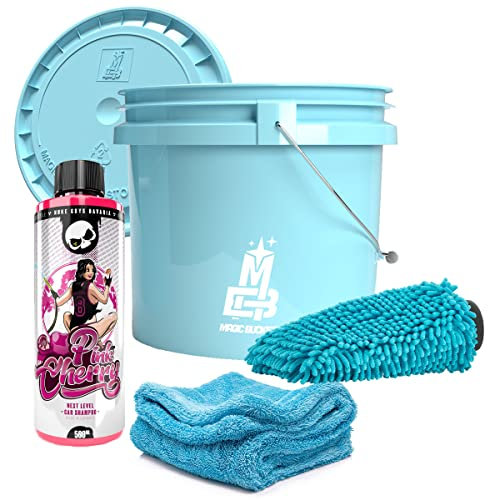 Auto Waschset - Magic Bucket Wascheimer 3,5 GAL mit Deckel Baby Blau + Nuke Guys Pink Cherry Autoshampoo 0,5L + Gamma Dryer Mikrofaser Trockentuch 1400GSM + Waschhandschuh