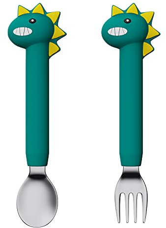 2PCS Posate Svezzamento, WitBicg Forchetta Bambini, Posate Bambini Acciaio Carota Cucchiaino Svezzamento Pappa Neonato Svezzamento, Aumentare l'Appetito,Utilizzare dopo 1 Anno (Dinosauro Verde Lungo)