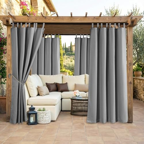 Clothink 2er Set Outdoor Vorhang Wetterfest Klettverschluss, Outdoorvorhänge Wasserdicht Outdoor Gardinen Sonnenschutz Sichtschutz für Balkon Pergola Terrasse Veranda (255x275cm, Grau)