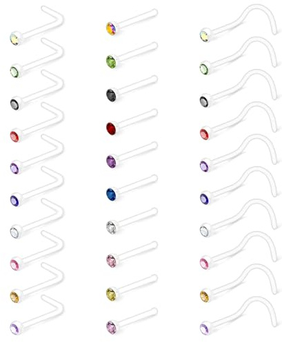 WillTen 30PCS Piercing Nez Bioflex Plastique, 7mm en L Forme, Transparentes Retainer pour Femme Homme - 20G 18G