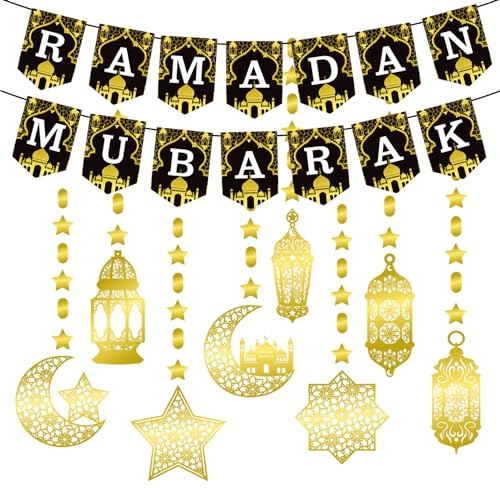 LECONCES Ramadan Deko Set, Ramadan Mubarak Banner & 8 Gold Stern Mond Girlanden im Eid Stil, Hochwertiges Papier, Robust & Langlebig, Perfekt für Islamische Festivals