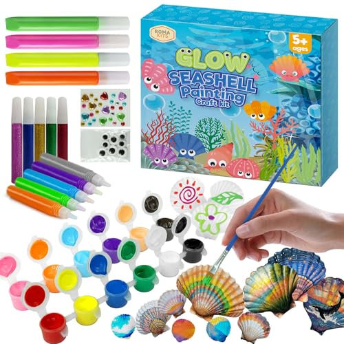 Skalset för målning och dekoration, pyssel- och färgkit, present till barn från 5 år. Mycket komplett kit med fluorescerande färger och glitter med skal.