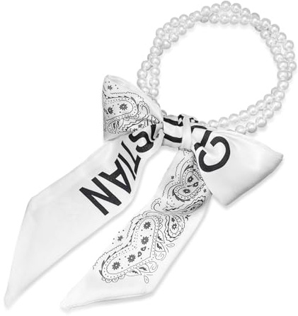 LumiSyne Seidenschal Halskette Damen Mädchen Schmale Lange Halstuch Mit Perlenkette Blumen Druck Streifen Buchstaben Muster Einfache Französischen Stil Dekorative Krawatte Kopfschmuck Haarschal Ribbon