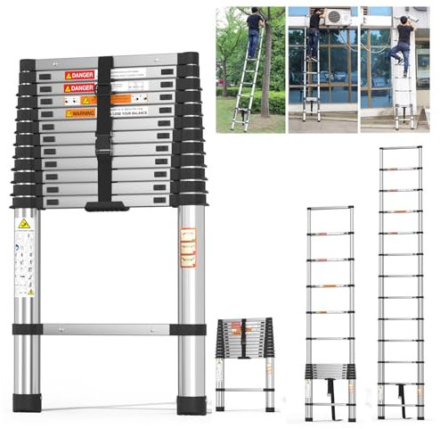 Escalera telescópica 3,8m/12,5FT,Escalera Extensible Ligera de Acero Inoxidable con Bloqueo automático,Pies Antideslizantes,Carga 150kg/330lb,Escalera Multiusos para el hogar y el Exterior