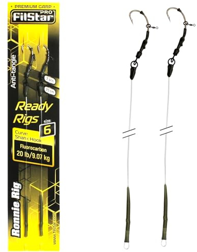 PRO FILSTAR Karpfenangeln Ronnie Rig Angelhaken N6, Fluorocarbon Vorfach | 20cm 9kg Anti Tangle Sleeve - Carp Fishing Curve Shank Hook - Pop Up Angel Köder - Boilies Haar Rig Karpfen Angeln Zubehör