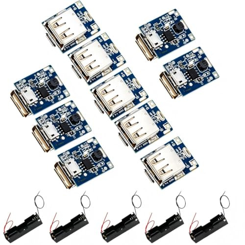 VISSQH 10 Stück 5 V 1A Lithium Batterie USB Ladeschutz Bord 134N3P Power Supply Modul,Step Up Converter Modul+5 x 18650 Batteriebox für DIY Led-anzeige USB und Micro Port