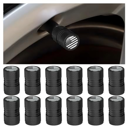 Mandark 12PCS American US Flag Car Tire Valve Stem Covers, Aluminum Alloy Vehicle Air Valve Protection Caps, Corrosion Resistant Auto Wheel Tire Stem Protectors for Vehicles（Black/Black Flag）