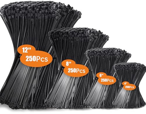 1000 pezzi Fascette Elettricista Nere, 100/150/200/300mm Fascette Plastica, Fascette Nere Resistente Allatemperature, Resistenza Alla Rottura 18 kg per Gestione dei Cavi Elettrici, Fili, Giardinaggio