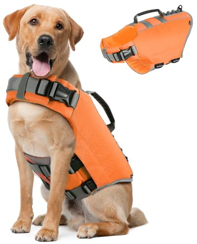 Pawaboo Schwimmweste Hund, Einstellbare Hundeschwimmweste | mit Starkem Auftrieb und Langlebigem Rettungsgriff Reflektierend Rettungswesten für Hunde Schwimmen Bootfahren, XL, Orange
