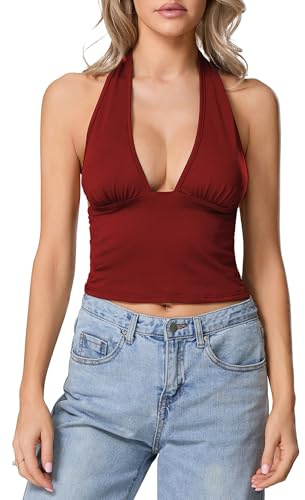 Acrawnni Women's Sexy Deep V Neck Halter Tank Top Slim Fitted Strap Backless Crop Cami Wrap Shirts Going Out Tops (A-Wine Red, M)