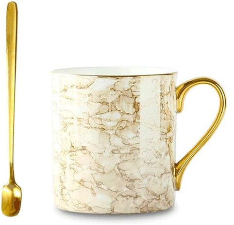 Taza Taza de café con diseño de mármol, taza creativa de cerámica pintada en oro, tazas de té reutilizables de 350ML for café, zumo de leche Con asas(Brown)