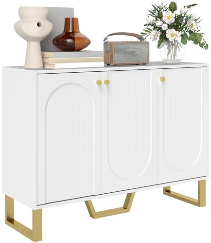 HOMCOM Sideboard with 3 Doors, Modern Adjustable Shelves, Centre Leg, White