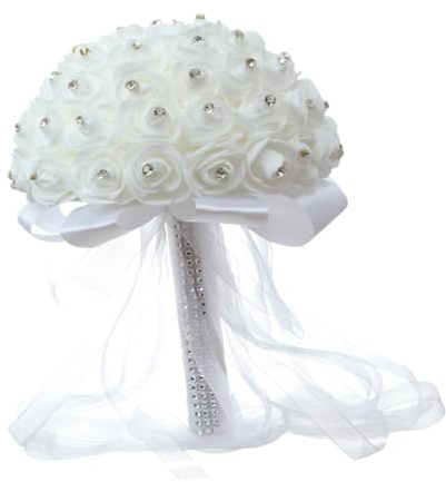 ERINGOGO Künstlicher Rosenstrauß Weiß aus Pe und Rhinstein für Hochzeit | Brautstrauß für Fotoprop und Hochzeit, Romantisch Elegant, Pflegeleicht, Nie Verwelkend, Kreative Deko