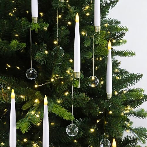 Dixmas Christmas Tree Candles with Crystal Ball Hooks, 12Pcs Flameless LED Taper Candles with Remote and Battery, Wireless Flickering LED Candles Set for Xmas Trees Decor
