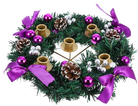 TOPPERFUN Christmas Advent Candles Stand 5-holder Purple Xmas Taper Candle Holder Pinecone Berry Wreath Holiday Candlelight Centerpiece Decoration for Home and Church