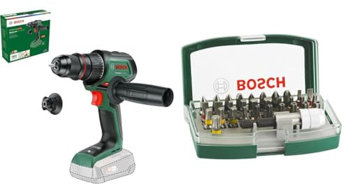 Bosch Cordless Drill Driver AdvancedDrill 18V-80 QuickSnap (for Drilling and Screwdriving; 18V System; Brushless Motor; 13 mm Metal Chuck; Magnetic Cap; Without Battery) + 32pc. Screwdriver Bit Set