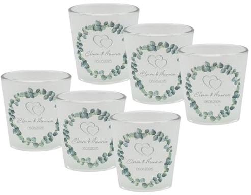 Windlicht Votiv Banderole Hochzeit Ehe Eukalyptus Herz Grün Tischdeko PERSONALISIERT 7,5cm H, Menge:6 Stück