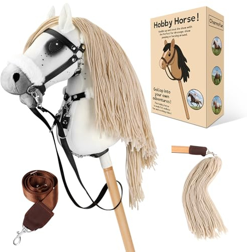Charmofun Hobby Horse, A3 Kopfgröße Steckenpferd Kinder, Hobby Horsing mit Weichem Plüschhalfter, Fließendem Schweif & Verstellbarem Schultergurt, Perfekt für Garten, Geburtstag Grau(Upgrade-Halfter)