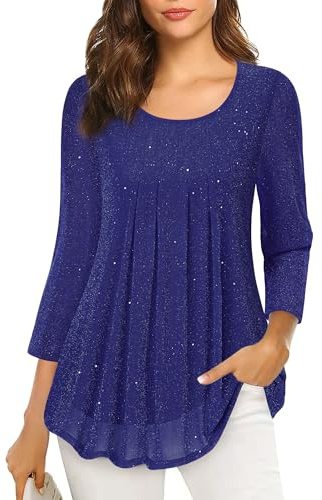 VALOLIA Dressy Tops For Evening Wear: 3/4 Sleeve Shiny Sparkly Sequin - Women's Blouses Dressy Casual - Club Concert Shirts to Hide Belly Elegant Glitter Top Blue XL