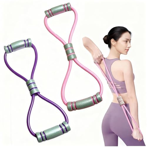Set da 2 Fasce di Resistenza a Forma di 8 con Maniglie Antiscivolo, Figura 8 Fascia Elastiche per Allenamento Braccia, Spalle, Schiena, Gambe e Glutei - per Fitness, Yoga, Palestra e Casa (Rosa e Viol