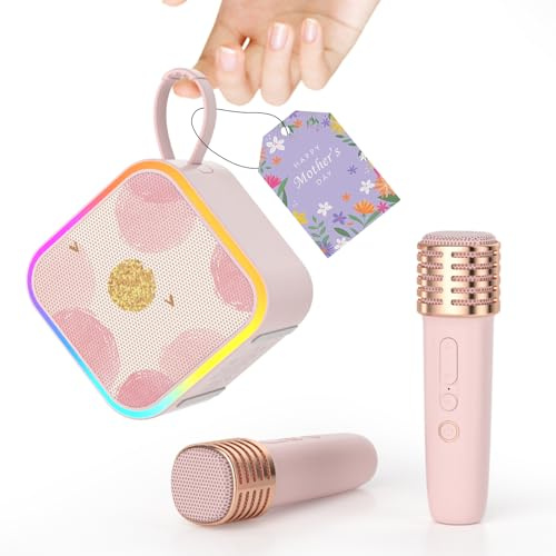TANALAZ Mini Karaoke Machine 2 Wireless Microphone, Portable Bluetooth Karaoke Speaker with Carrying Handle for Birthday Party Outdoor Travel, Home Karaoke System for 3-12 Kids on Christmas (Pink)