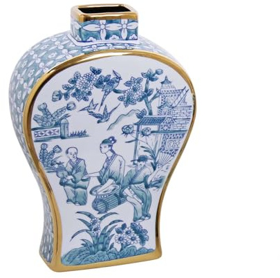 Blue and White Hand-Painted Ceramic Vase with Gold Rim - Antique Chinese Porcelain Bud Vase for Home Decor, Table Centerpieces for Living Room, Office, Entryway, Fireplace or Bookshelf