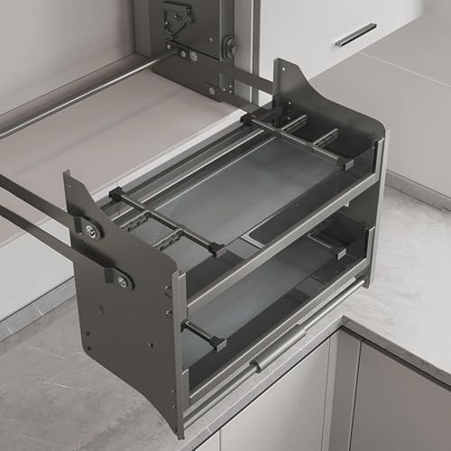 Teleskophylla i aluminium Pull Down Spice 2-vånings Väggutdragbar Hylla for överskåp med justerbara avdelare(W26xD10.2)