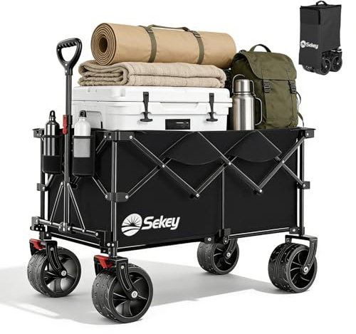 Sekey XXL Plus Bollerwagen Faltbar 200L 200KG Belastbar, Faltbollerwagen mit Extra Breite 17x10 cm All-Terrain-Räder Handwagen, Patentiert 4-Wege-Sofortaufbau Transportwagen, Schwarz