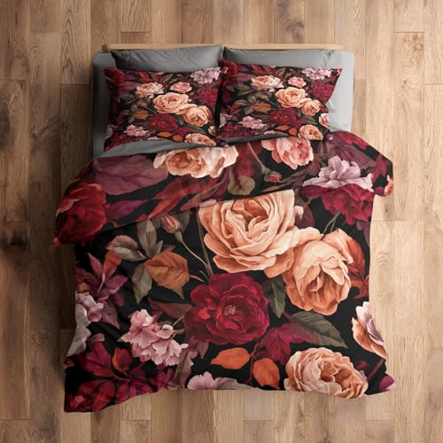 Generisch 140x200 Bettwäsche Blumen Rosen Bettbezug - 2tlg, 1 Kissenbezug 70x90, Vintage Blumen Muster, Schlafzimmer Deko, Weiche Mikrofaser Wendebettwäsche mit Reißverschluss N241A