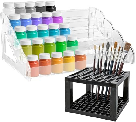 YHTCC 5-Layer Clear Acrylic Paint Organizer & Brush Holder, Easy Assembly | Snap-On Design Paint Storage Rack & 96 Holes Paint Brush Holder for Craftwork Miniature Model Model Paint Inks & Nail Polish