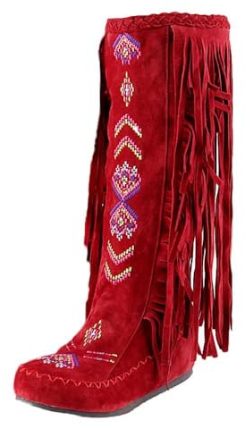 Generisch Botas altas hasta la rodilla bordadas 2027 con flecos, modernas, cálidas, con tacón plano, cómodas para el invierno, rojo, 42 EU