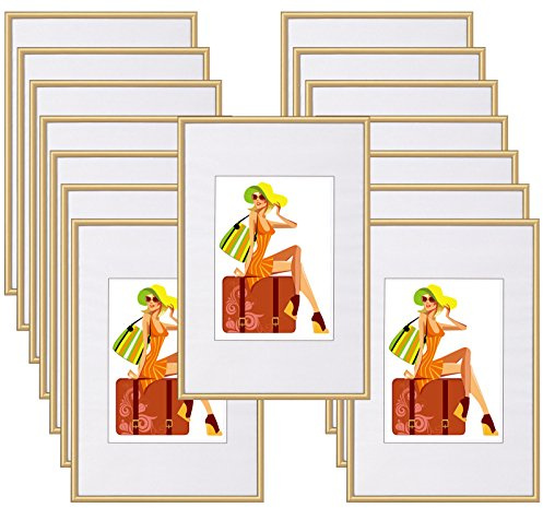 WOLTU Bilderrahmen 10x15, 15er set, Kunststoff Fotorahmen mit Passepartout | Gold, Posterrahmen New Lifestyle für Poster, Fotos, bruchsichere PS-Platte, aufhängbar u. aufstellbar, Collage-Wanddeko